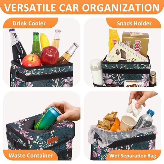 Vankor 3 Gallons Car Trash Can with Lid, Car Trash Bag Bin Hanging Waterproof Automotive Garbage Cans Leak Proof Vehicle Trash Can Navy Floral - Image 6