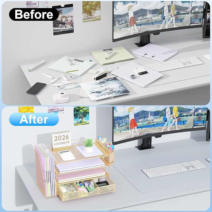 gianotter Desk Organizers and Accessories with File Holder, 4-Tier Desk Accessories & Workspace Organizers with Drawer and 2 Pen Holder, Paper Organizer for Office Supplies(Gold) - Image 2