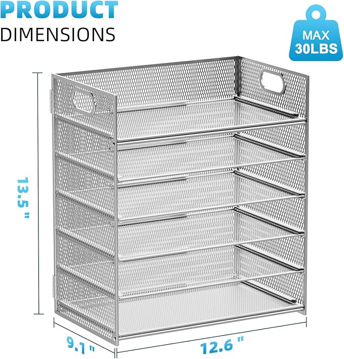Marbrasse 2 Pack Desk Organizer with Handle, 6 Tier Paper Letter Tray, Mesh Desk File Organizer for Office, School and Home - Silver - Image 3
