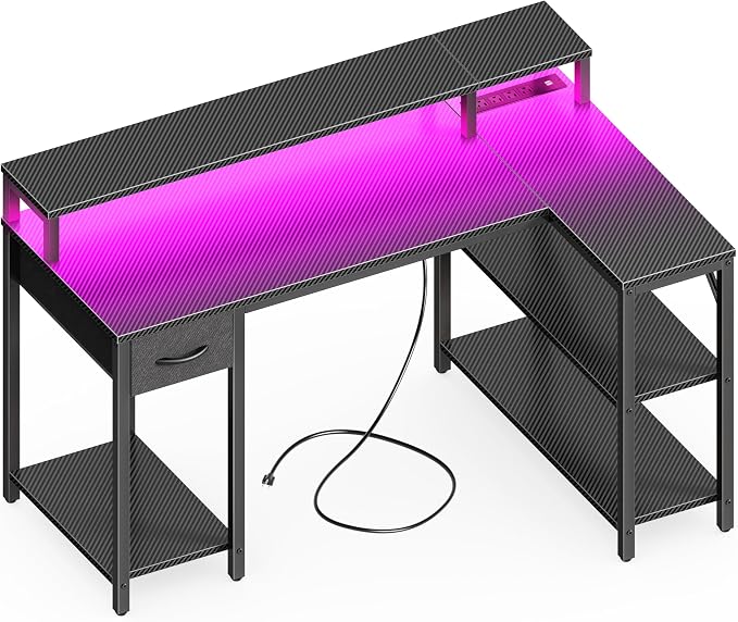 SUPERJARE 47 inch L Shaped Gaming Desk with LED Lights & Power Outlets, Reversible Computer Desk with Shelves & Monitor Stand, Corner Desk with Drawer, for Home & Office, Carbon Fiber Black by SUPERJARE