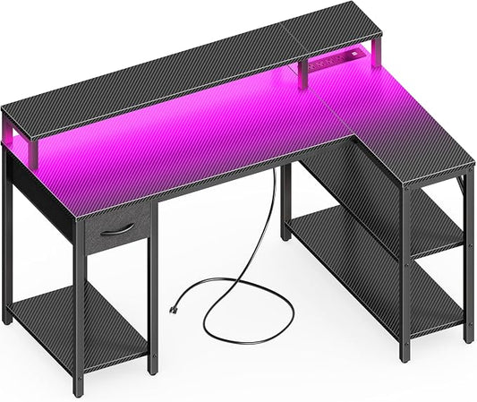 SUPERJARE 47 inch L Shaped Gaming Desk with LED Lights & Power Outlets, Reversible Computer Desk with Shelves & Monitor Stand, Corner Desk with Drawer, for Home & Office, Carbon Fiber Black by SUPERJARE