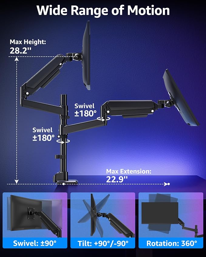 MOUNTUP Dual Monitor Stand Fits 49 45 42 40 39 34 32 Inch Screens, Heavy Duty Dual Monitor Arm Holds 7.7-44 lbs, Vertical Stacked Monitors Mount, Full Motion, Height Adjustable, VESA Mount - Image 8