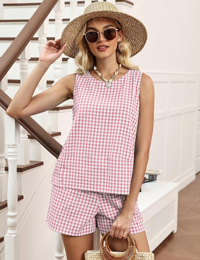 LOMON Women's Trendy 2 Piece Outfits Shorts Sets Summer Crew Neck Sleeveless Tank Top and Bottom Matching with Pockets 2026 - Image 6