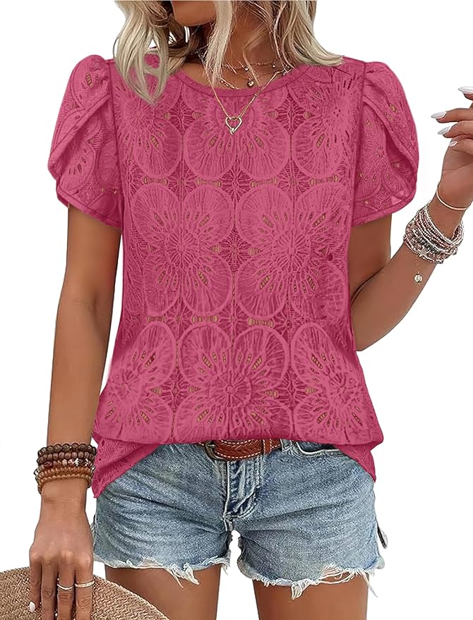 OFEEFAN Blouses for Women Dressy Casual Petal Short Sleeve Shirts Crochet Lace Boho Tops Spring Fashion Summer Outfits by OFEEFAN