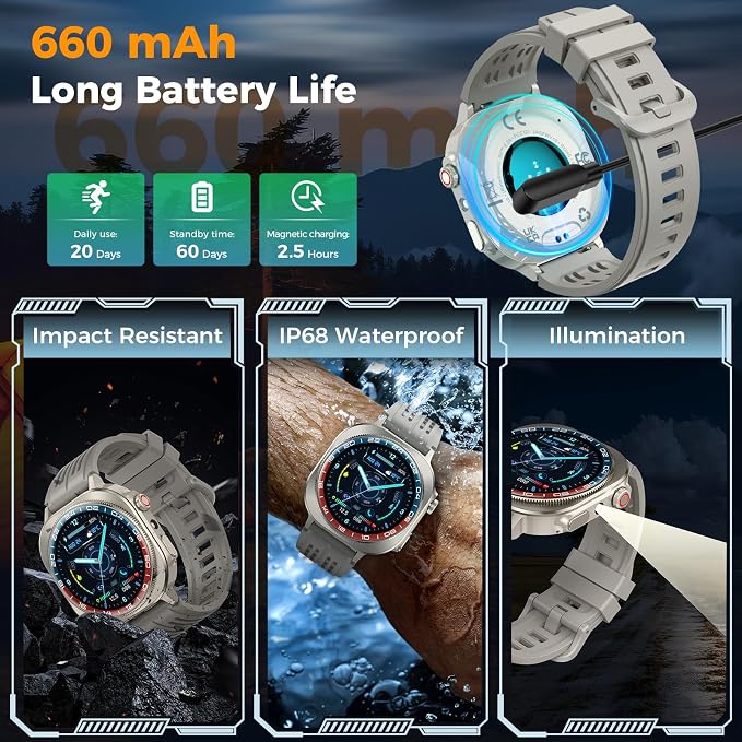 Smart Watch (Answer/Make Call), 1.43" AMOLED-3D Military Smartwatch for Men Women, Flashlight/130+ Sports/60 Days, Heart Rate/Sleep Monitor, IP68 Waterproof Fitness Activity Tracker for Android iOS - Image 4