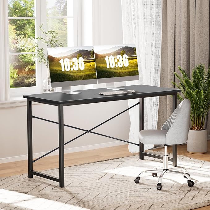 Sweetcrispy Small Computer Desk, 47" Office Writing Desk with Metal Frame & Wooden Top, X-Shaped Reinforcement, Student Study Workstation for Home Bedroom, Black - Image 6