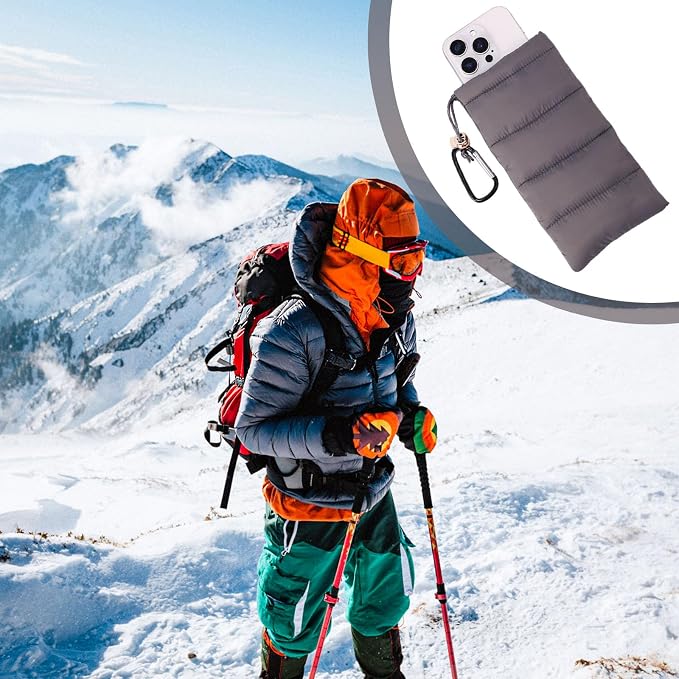 Lyreh Thermal Phone Pouch, Down Cotton Warm Phone Case Cover Bags Prevents Freezing & Overheating Protector Cellphone Pouch with Carabiner Ideal for Outdoor Camping Hiking Skiing (Grey) - Image 5