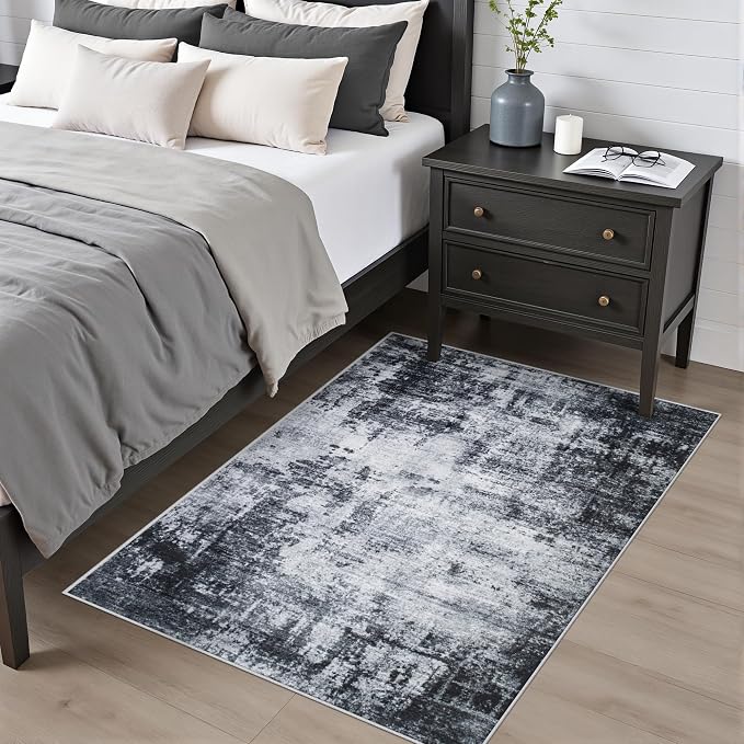 Washable Area Rug 3x5 Entryway Rug: Washable Modern Abstract Soft Thin Rug Indoor Floor No Slip Stain Resistant Carpet for Bedroom Dining Room Farmhouse Nursery Home Office - Dark Black - Image 2