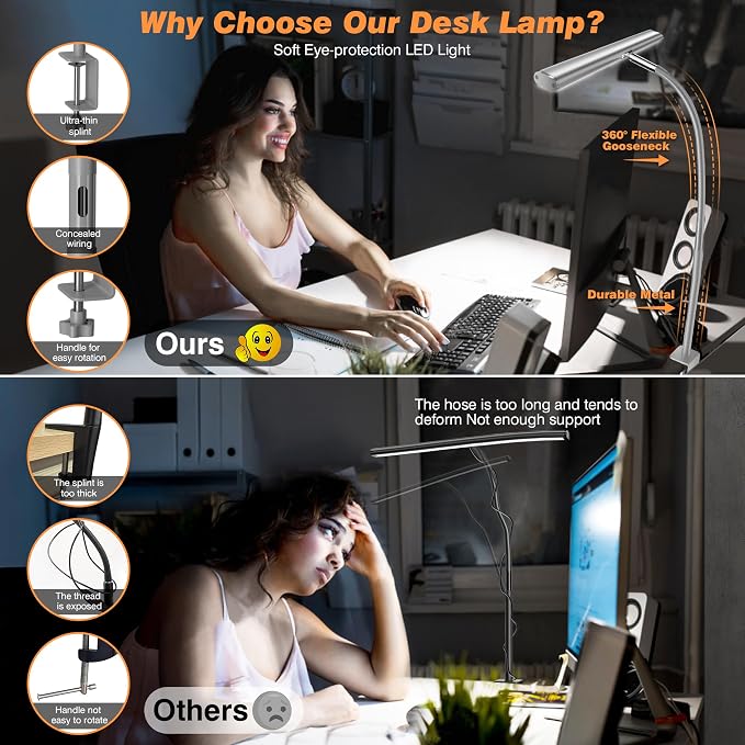 Airlonv LED Desk Lamp for Office Home, Eye-Caring Desk Light with Stepless Dimming Adjustable Flexible Gooseneck, 10W USB Adapter Desk Lamp with Clamp for Reading, Study, Workbench (Grey) - Image 4
