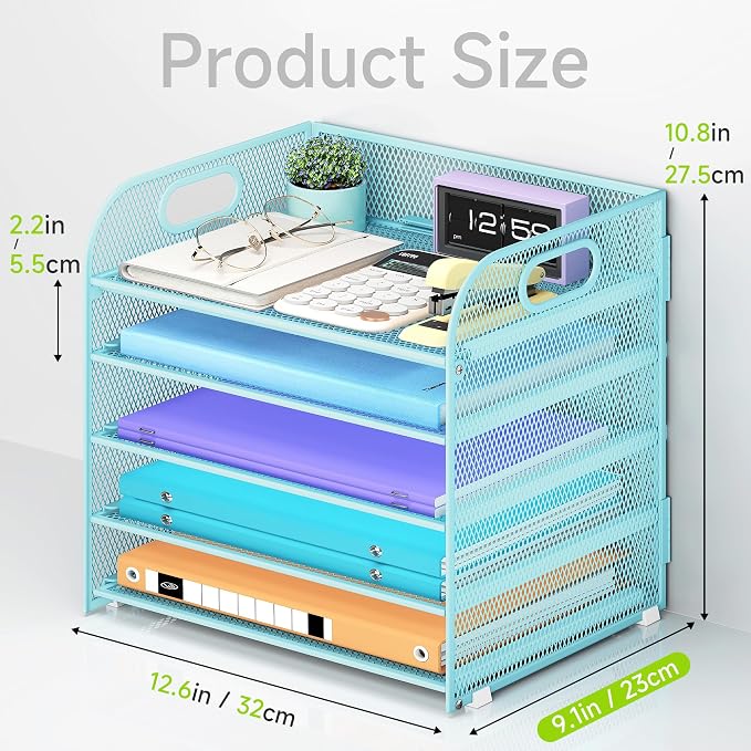 Cawukege 5 Tier Paper Organizer with Handle, Blue Metal Mesh Desk Organizer File Folder Paper Letter Tray Desktop Document Sorter for Classroom, School, Office Accessories Organization and Storage - Image 5