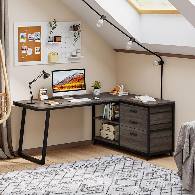 Tribesigns L-Shaped Desk with 3 Drawers, Reversible Corner Home Office Computer Desk with Shelves, 53-Inch Industrial PC Desk Study Writing Table Workstation for Small Space, Grey - Image 8