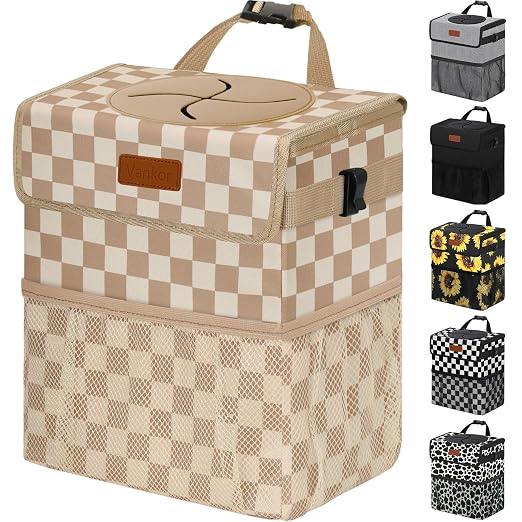 Vankor Car Trash Can Bin with Lid Hanging for Back Seat, Car Accessories for Women Men Leak Proof Automotive Garbage Cans Leakproof Vehicle Trash Can for Truck SUV,Khaki Checkered by Vankor