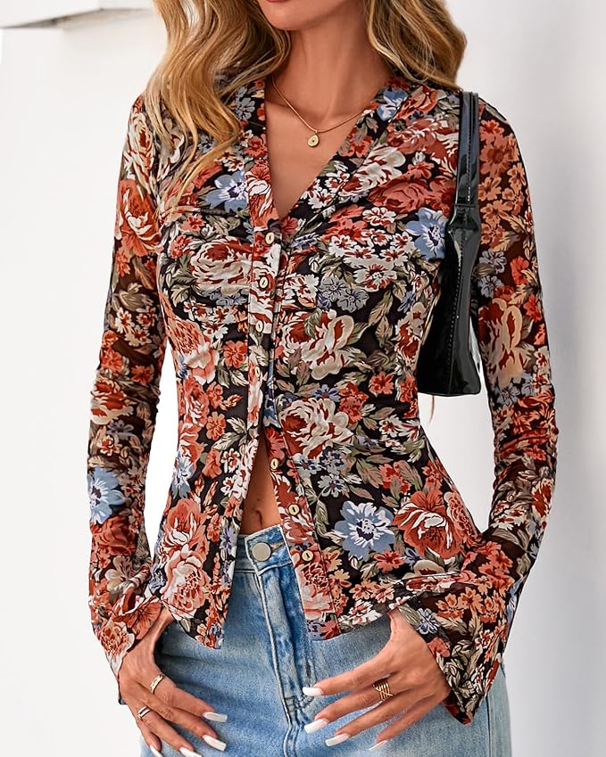 BTFBM Button Down Shirts for Women 2026 Fall Boho Tops V Neck Long Sleeve Blouses Ruched Mesh Fitted Fashion Clothing - Image 6