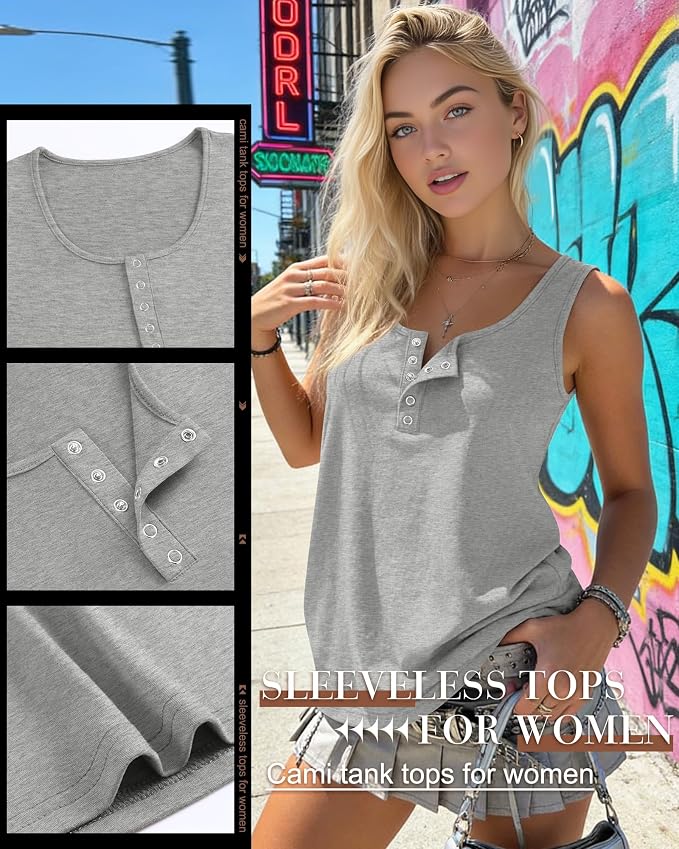 Ficerd 3 Pack Women's Henley Tank Tops Sleeveless Button Down Summer Shirts 2026 Casual Trendy Loose U Neck Tee Blouses - Image 4
