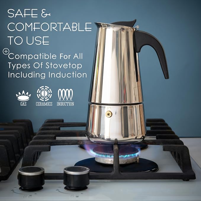 Mixpresso 6 Cup Greca Moka Pot, Stainless Steel Stovetop Espresso Maker | 300ml/10oz Italian stovetop coffee maker with classic percolator design, ideal for preparing coffee at home or while camping - Image 7