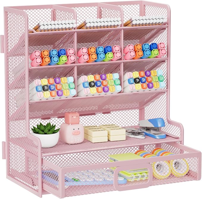 Marbrasse Larger Mesh Desk Organizer with Drawer, Multi-Functional Pen Pencil Holder, Easy Assembly, Desk Organizers and Accessories for Office Art Supplies (Pink) by Marbrasse