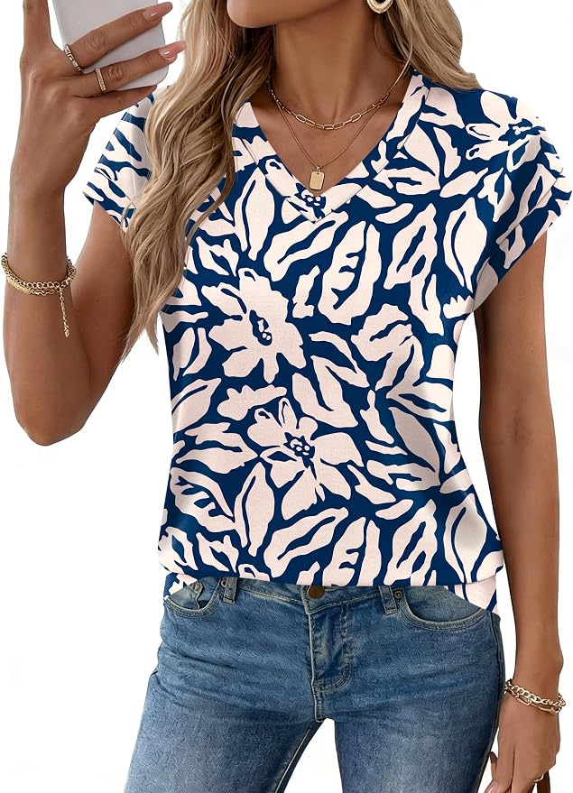 Rapbin Womens Summer Tops Women Blouses Dressy Casual V Neck T Shirts Short Sleeve Spring Tops for Women - Image 3