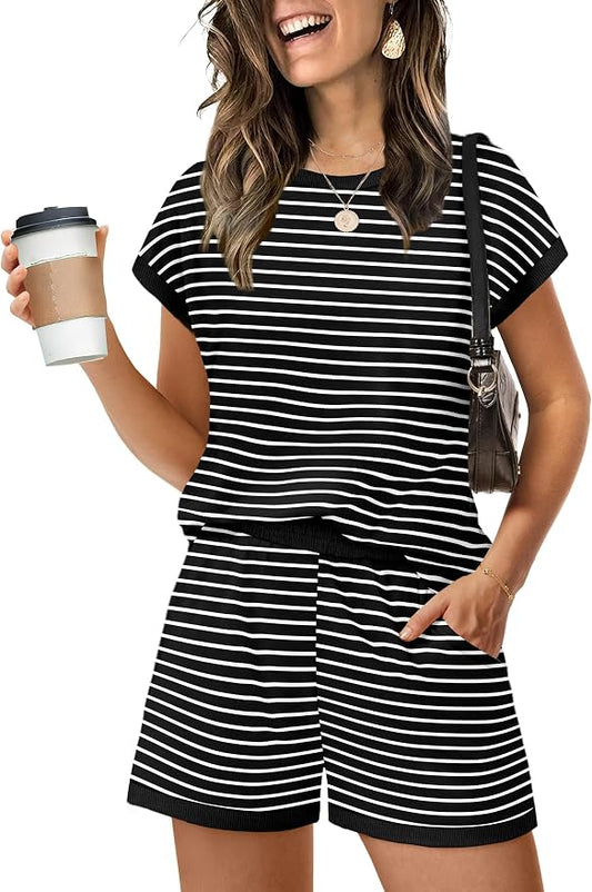 WIHOLL Two Piece Sets for Women Summer Lounge Short Sets Cap Sleeve Crew Neck Sweatsuit with Pocket XS-2XL by WIHOLL