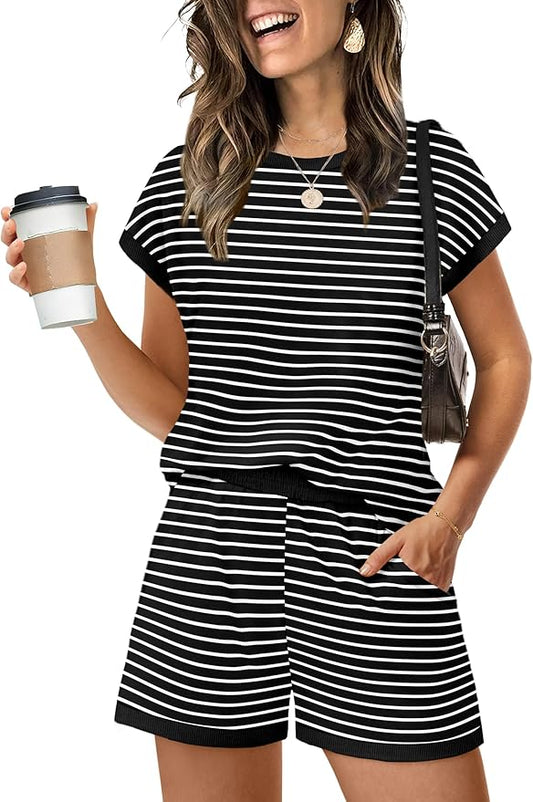 WIHOLL Two Piece Sets for Women Summer Lounge Short Sets Cap Sleeve Crew Neck Sweatsuit with Pocket XS-2XL by WIHOLL