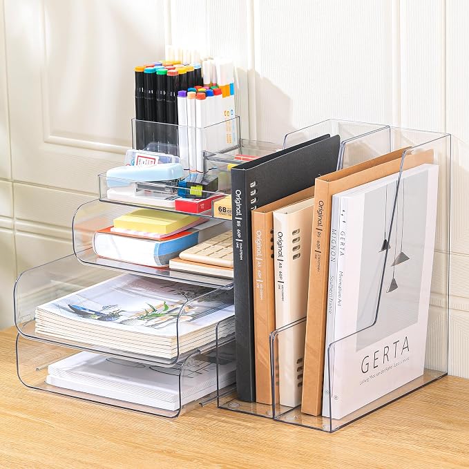 CiWiVOKi Desk Organizer with 2 Vertical File Holder, 4 Tier Stackable Paper Letter Tray File Organizer with 5-Compartments Pen Holder, Clear Desktop Organizer Office Organization and Storage by CiWiVOKi