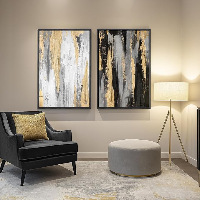 Large Framed Black and White Abstract Wall Art for Living Room, Set of 2 Piece Minimalist Canvas Prints Paintings Artwork for Walls, Modern Black Gold Pictures for Hallway Office Wall Decor Big Size 24x36 In - Image 5