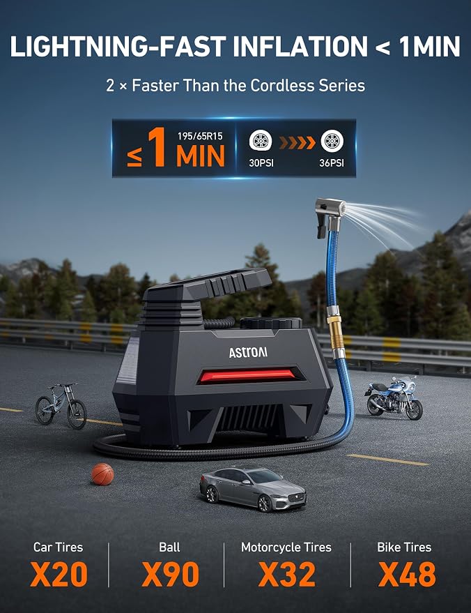 AstroAI AIRUN H Tire Inflator Portable Air Compressor Air Pump for Car Tires - Car Accessories, 9.8Ft Cord-12V DC-Powered Auto Pump with Digital Pressure Gauge, LED Light for Bicycle, Balloons, Red - Image 2