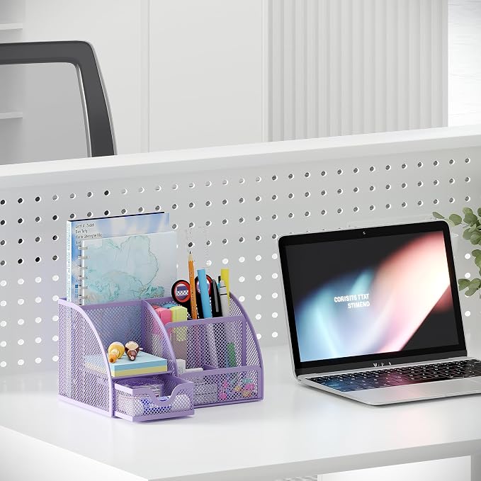 EasyPAG Mesh Desk Organizer with Drawer Multi-functional Pen Holder Stationery Organizer for Office School Supplies 6 Compartments Dorm Organizers and Storage for Desk, Light Purple - Image 6