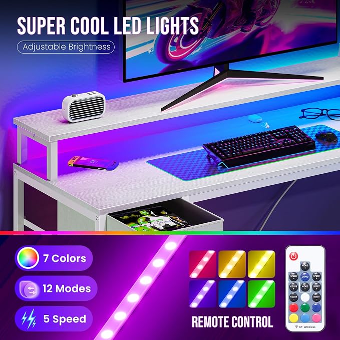 DUMOS 53 Inch Gaming Desk, L Shaped Desk, LED Lights | Monitor Stand, Storage Shelves, Computer Table, USB Charging Ports, Power Outlets, Small Spaces, White - Image 6