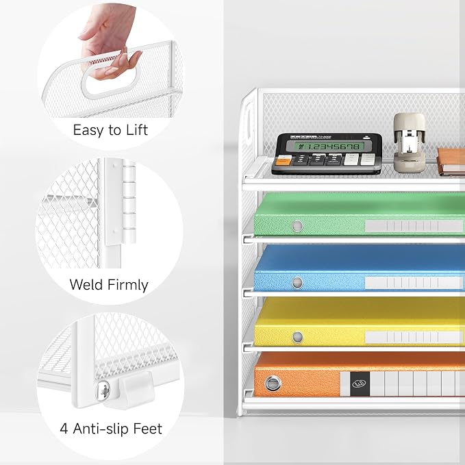 Lavatino 5 Tray Paper Organizer Letter Tray with Handle - Mesh Desk File Organizer, Paper Sorter Organizer for Office, Home or School File Folder Holder - White - Image 3