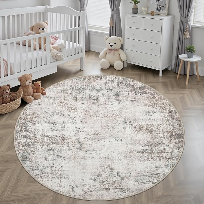 Round Area Rug for Living Room: 4 ft Washable Modern Abstract Soft Thin Rug Indoor Floor No Slip Stain Resistant Carpet for Bedroom Dining Room Farmhouse Nursery Home Office - Brown Grey - Image 3