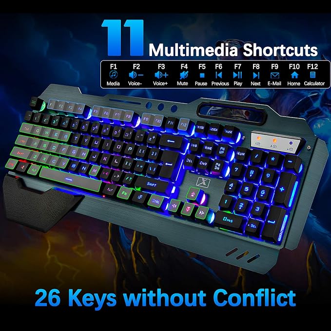 Wireless Gaming Keyboard and Mouse,Rainbow Backlit Rechargeable Keyboard Mouse with 3800mAh Battery Metal Panel,Removable Hand Rest Mechanical Feel Keyboard and 7 Color Gaming Mute Mice for PC Gamers - Image 3