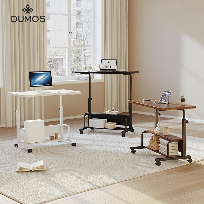 DUMOS Rolling Desk, Storage Shelves, Laptop Table, Home Office | Height Adjustable Design, Computer Desks on Wheels, Portable for Small Spaces Use, White - Image 2
