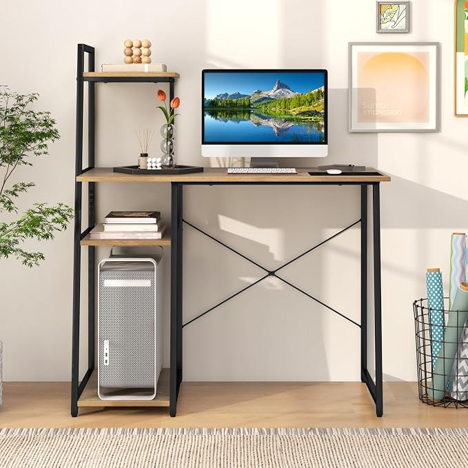 Giantex Computer Desk with Shelves, 47.5” Home Office Desk with Bookshelf, Host Stand, Metal Frame, PC Laptop Workstation, Modern Study Writing Desk for Bedroom, Small Space (Natural & Black) - Image 2