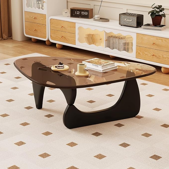 Coffee Table for Living Room Mid Century Modern Center Table with Glass Top and Wood, 32 Inch, Brown/Black - Image 8