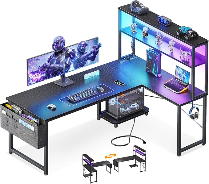 ODK 53" L Shaped Gaming Desk with Shelves, LED & Outlets, Black | Hook for headset, bag for gear. Shelves for books & supplies. LED for gaming nights. Reversible. Home office computer desk. by ODK