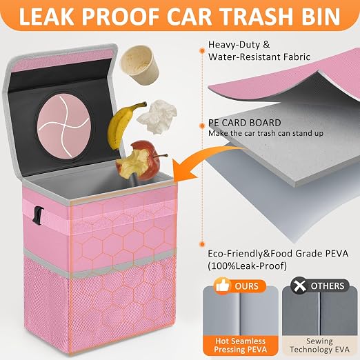 Vankor Pink Car Trash Can Cute, Pink Car Accessories for Women Waterproof Automotive Garbage Cans Leak Proof Vehicle Trash Can - Image 3