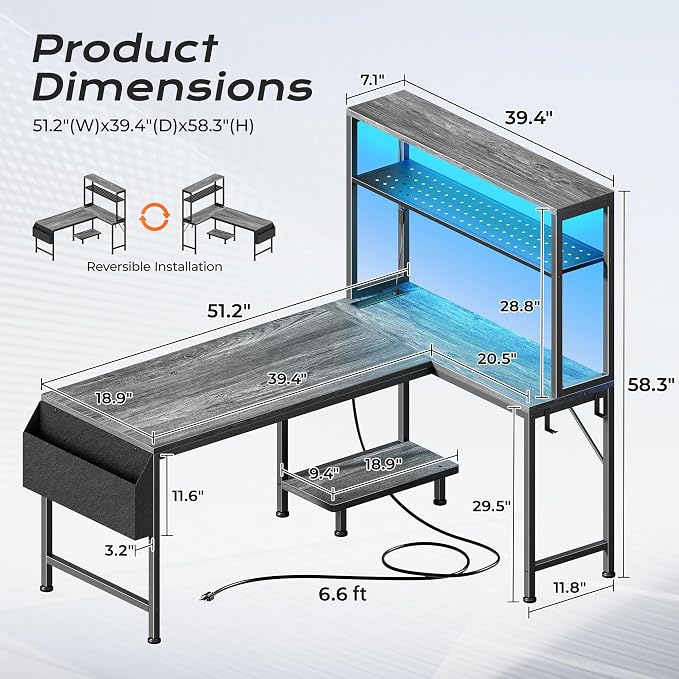 PRAISUN L Shaped Gaming Desk with LED Lights & Power Outlets, Reversible Computer Desk with Storage Shelves & Bag, Large Corner Home Office Desk with Pegboard for Work from Home, Grey - Image 2