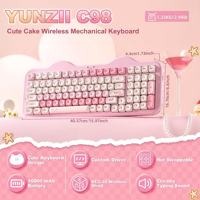 YUNZII C98 Cute Cake Wireless Mechanical Keyboard (Pink, Milk Switch) | 99 Keys with Number Pad, Hot Swap, PBT MOA Keycaps, BT5.0/2.4G/USB-C, Gasket Mount, Custom RGB Backlit for Win/Mac - Image 2