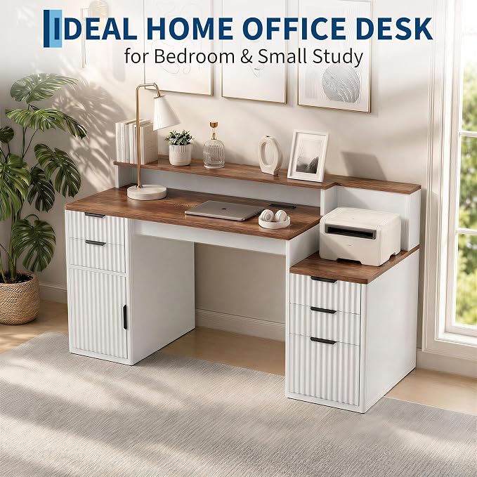 Rectangular Computer Desk with Hutch & Printer Stand, Ripple Door Storage Home Office Desk, Space-Saving Study Writing Desk for Bedroom, Sturdy Board Student Desk with Easy Assembly, Brown & White - Image 3