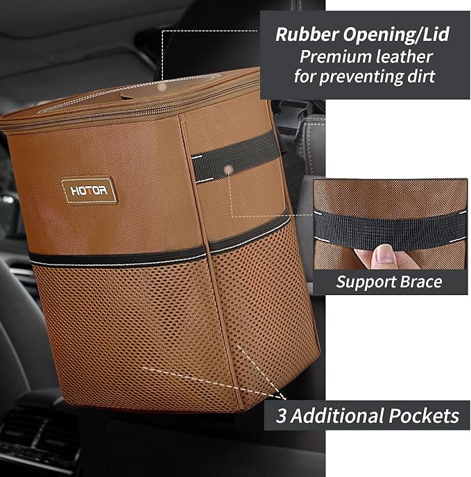 HOTOR Brown Car Trash Can with Adjustable Strap, Magnetic Snaps, Waterproof Lining, and Storage Pocket - Image 7