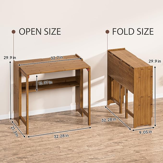 Bamboo Folding Desk for Small Spaces, Small Computer Foldable Desk, Brown | Space Saving Desk for Bedroom Home Office, Mid Century Sofa Table for Couch, Writing Work Office Desk - Image 2