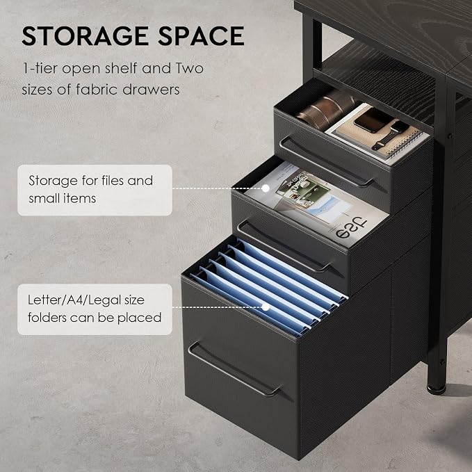 Maihail Small Desk with Drawers, Office Desk with Storage Shelves, Black | 40 Inch Desktop, Metal Frame, 3 Fabric Drawers, Storage Shelves, Computer & Writing Desk, Office Gaming Workstation - Image 4