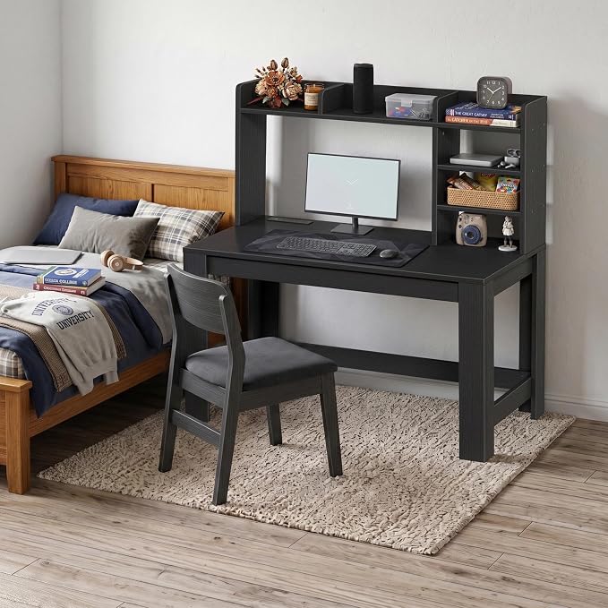 WINAZ 43" Black Gaming Desk with Hutch and Built-in Power Outlet | Modern Computer Desk with 3-Tier Storage Shelves and Hutch, Space-Saving Writing Table for Home Office - Image 6