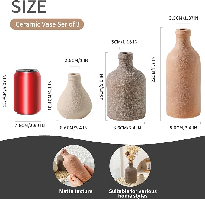 Ceramic Vase Set of 3, Vases Home Decor, Decorative Vases for Table, Boho Flower Vase Modern Neutral Vases for Room Decor, Table, Mantel,Entryway Living Room Kitchen Bedroom Bathroom - Brown - Image 2