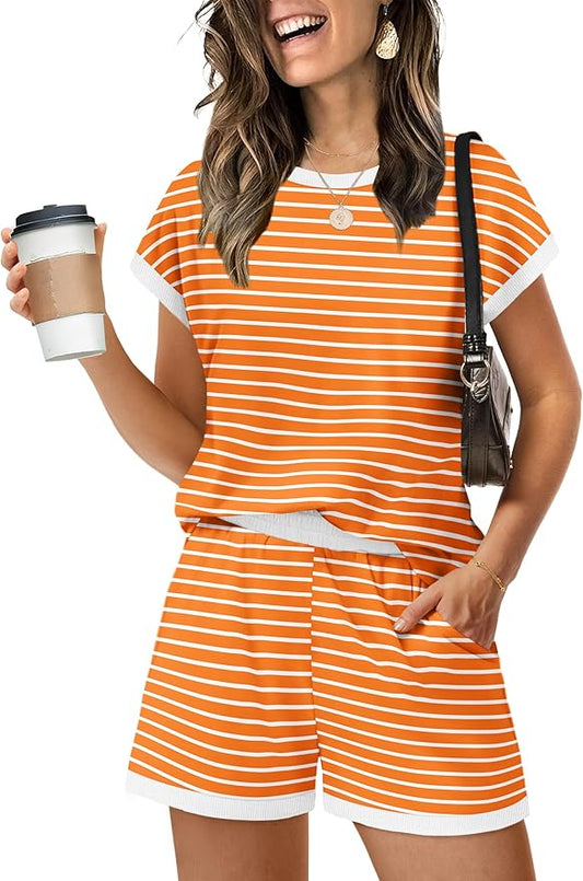 WIHOLL Two Piece Sets for Women Summer Lounge Short Sets Cap Sleeve Crew Neck Sweatsuit with Pocket XS-2XL by WIHOLL
