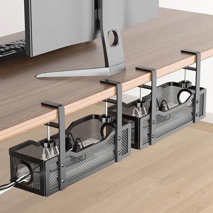 2 Pack Under Desk Cable Management Box Black, Cinati 26.8" Wire Organizers No Drill, Cord Organization Tray with Clamp for Office, Home - No Damage to Desk by Cinati