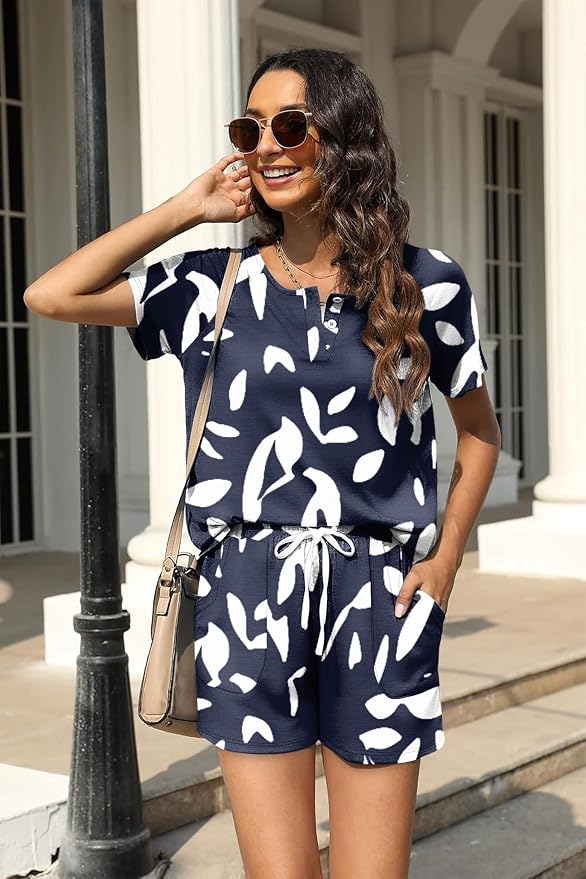 WIHOLL Two Piece Outfits for Women Lounge Sets Button Down Top and Shorts Set Sweatsuits with Pockets - Image 3