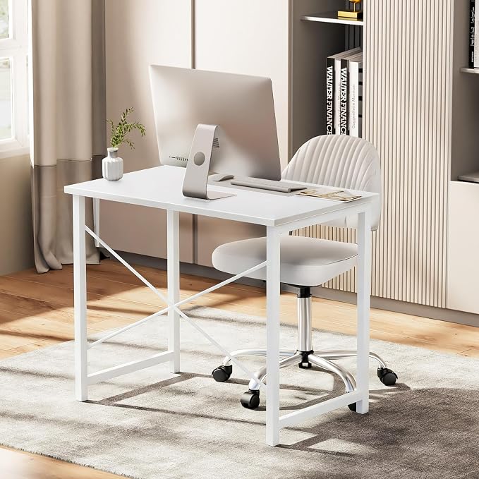Sweetcrispy 32-Inch Small Computer Desk for Bedroom, Light White | Gaming Writing Work and Study Desk for Home Office, Sturdy Metal Frame and Compact Modern Design with X-Shaped - Image 4