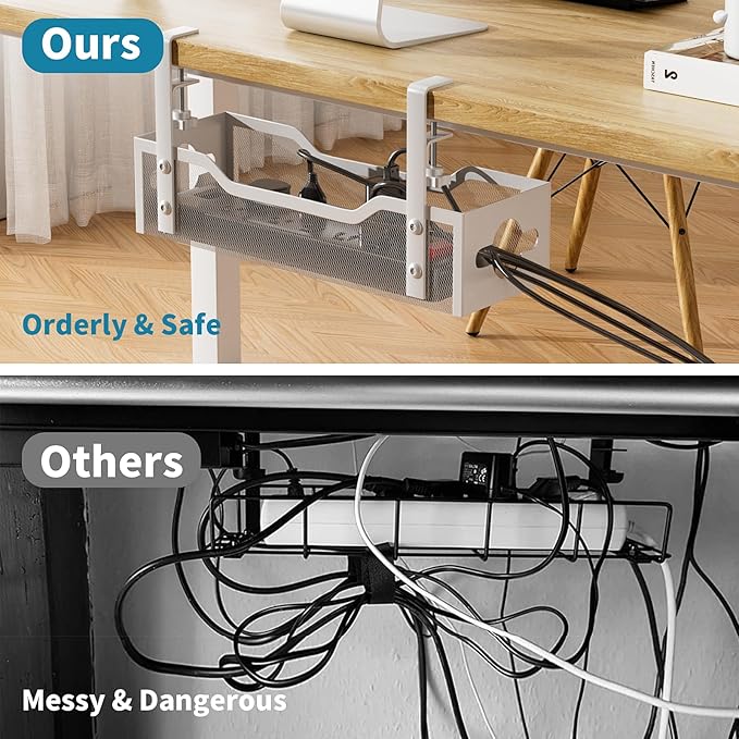Under Desk Cable Management Tray White, Litwaro Cable Management Under Desk No Drill, Cable Organizer with Clamp for Wire Management, Cord Organizer for Office, Home No Damage to Desk - Image 6