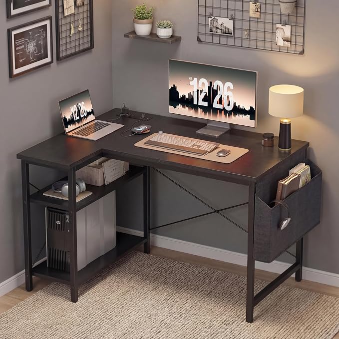 TIQLAB L Shaped Computer Desk with Power Outlets, 47 Inch Small Corner Desk with Reversible Shelves, Gaming Desk Computer Table Study Writing Table for Home Office Bedroom Small Space, Black - Image 2